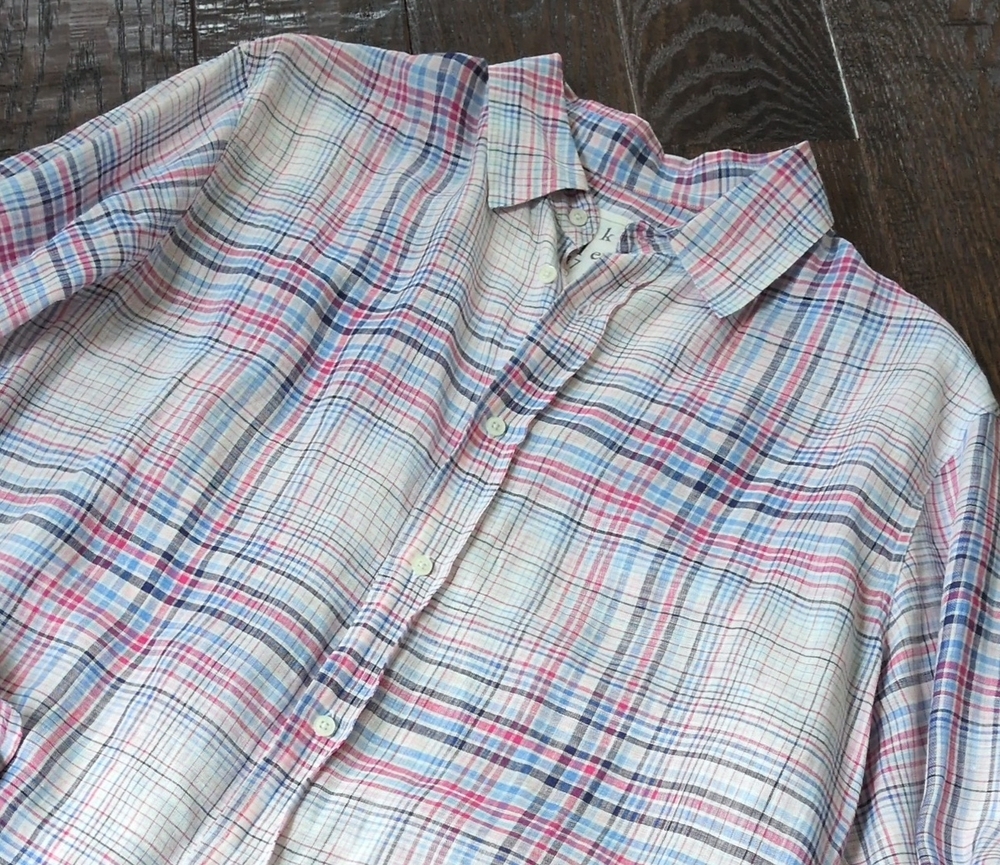 FRANK & EILEEN I Crisp Blue, Pink & White Plaid Linen PAUL Button-Down Shirt, M